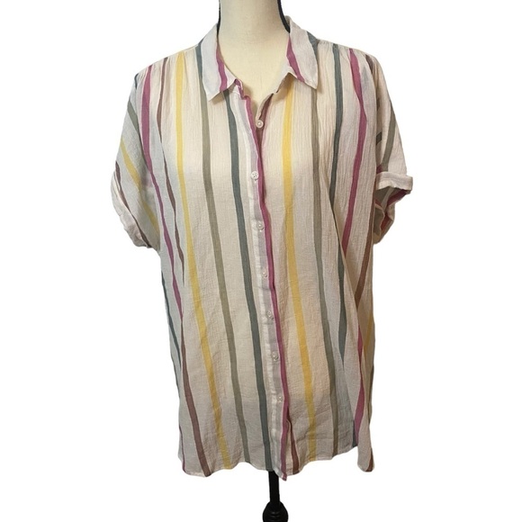 Ava & Viv Tops - Ava & Viv Women’s Striped Cuffed Sleeve Plus Size 2X Linen Type Blouse